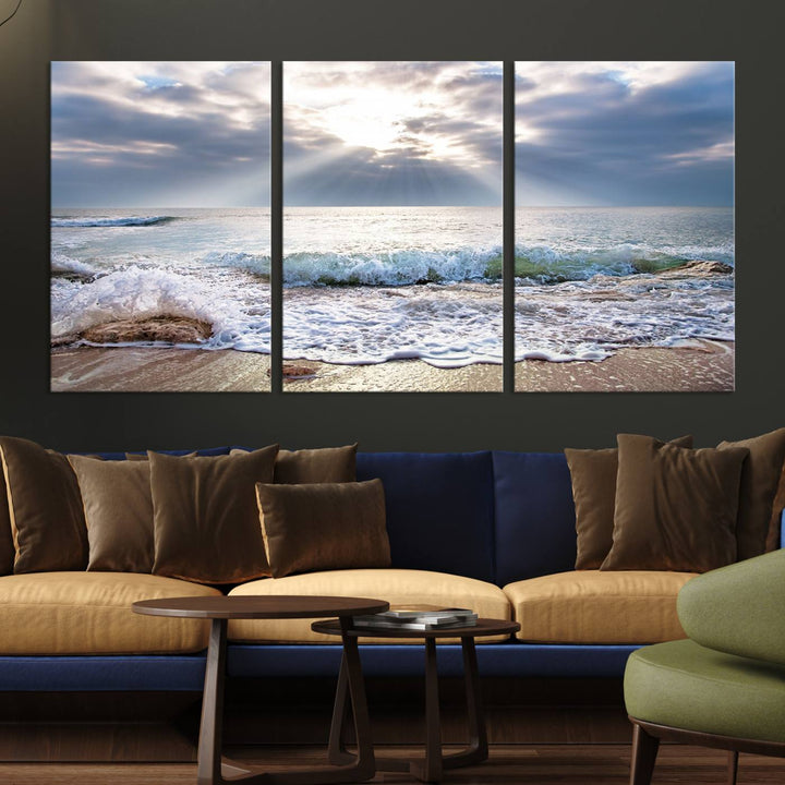 Sunset At The Beach Wall Art Canvas Print, showcasing a triptych of a tranquil ocean view with waves and sun rays, is printed on museum-quality canvas with UV-protective coating. Enjoy this artistic elegance with free shipping.