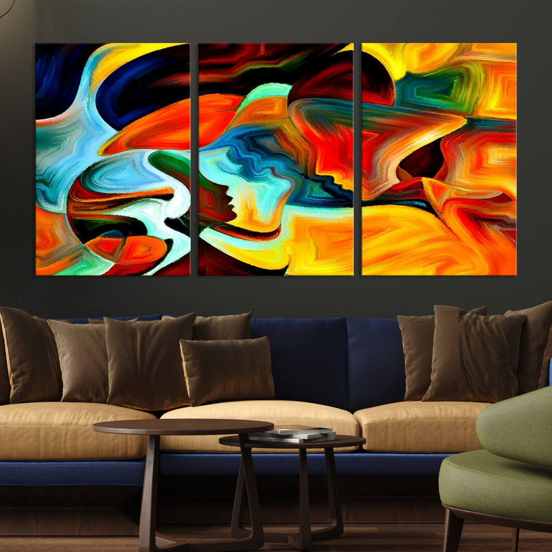 The "Human Love Figures Abstract Wall Art Canvas Print" adds a stylish touch to the dining area, featuring vibrant three-panel artwork on museum-quality canvases with UV-protective coating.