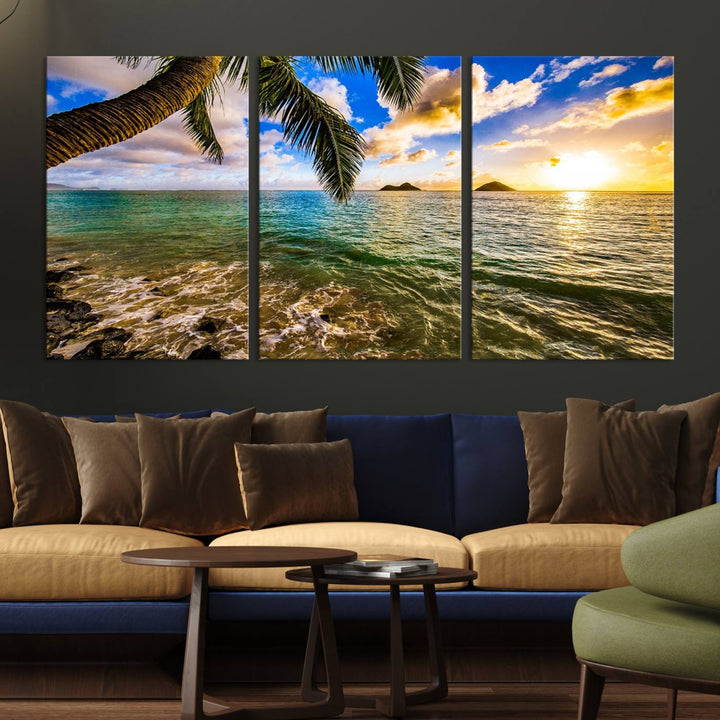 The Sunset Lake View Wall Art Canvas Print, gallery wrapped on a museum-quality canvas, enhances the vibrant living room decor with its UV-protective coating.