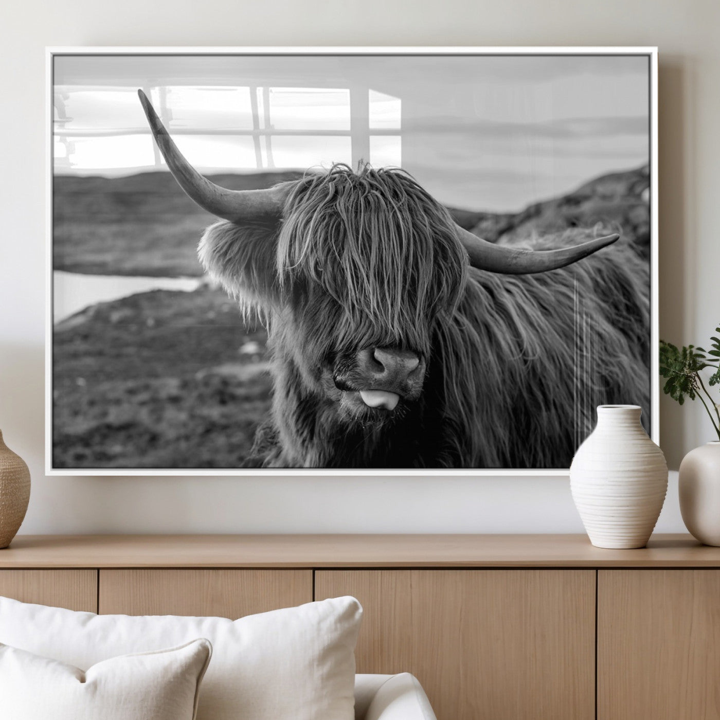MGV-FP-36X24-3P - Longhorn Steer Canvas Print Wall Art, Highland Cow Canvas Wall Art – Black and White Animal Portrait