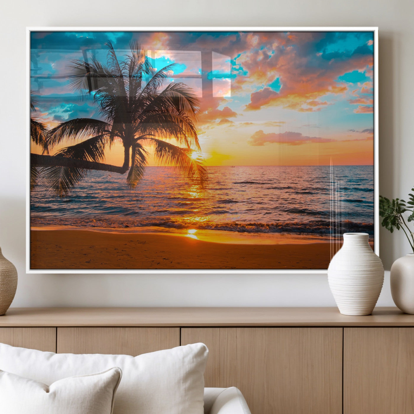34674-MGV-FP-36X24-3P_White-Palm Tree Sunset On The Beach Wall Art Canvas, Framed Palm Tree Sunset Canvas Print