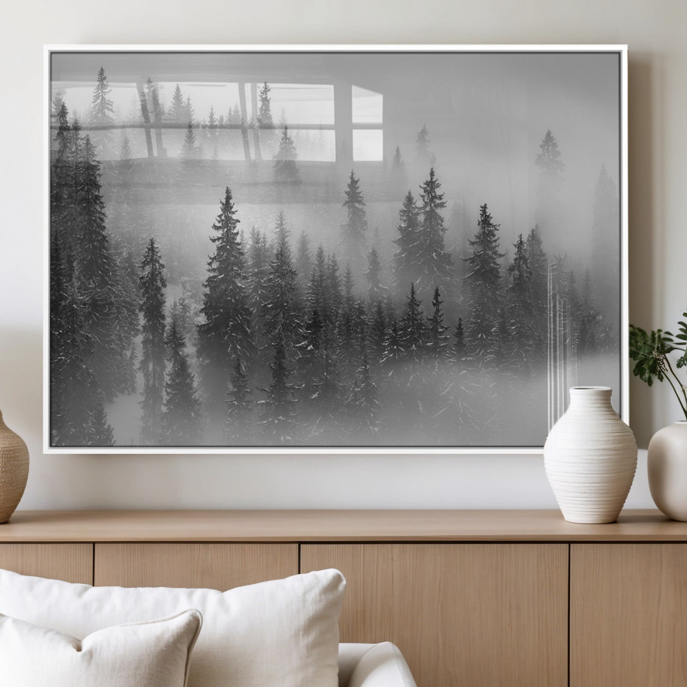 MGV-FP-36X24-3P - Black and White Forest Wall Art Print – Misty Pine Tree Canvas Print – Winter Woodland Nature Artwork – Perfect for Minimalist Home Decor