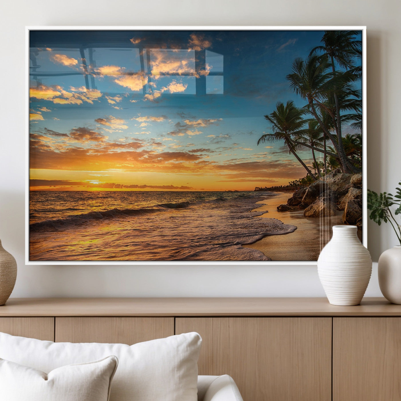 MGV-FP-36X24-3P - Tropical Beach Sunset Wall Art Print – Palm Tree Coastal Canvas Print – Ocean Seascape Artwork – Perfect for Tropical Modern Home Decor