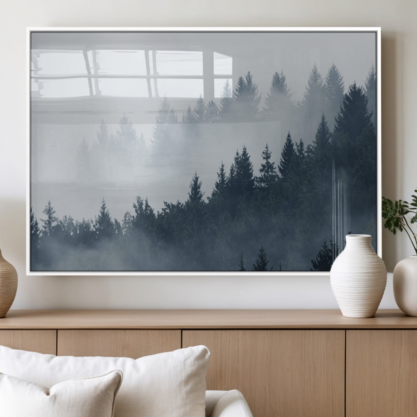 MGV-FP-36X24-3P - Misty Forest Wall Art Print – Foggy Pine Tree Canvas Print – Dark Woodland Nature Artwork – Perfect for Minimalist and Modern Home Decor
