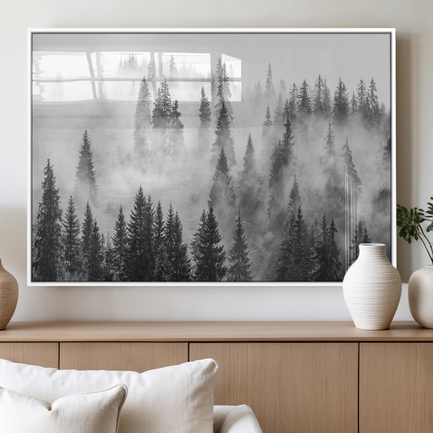 MGV-FP-36X24-3P - Forest Wall Art Print | Foggy Pine Forest Canvas Wall Art - Black and White Nature-Inspired Decor for Living Room, Modern Forest Landscape Print, Ready to Hang