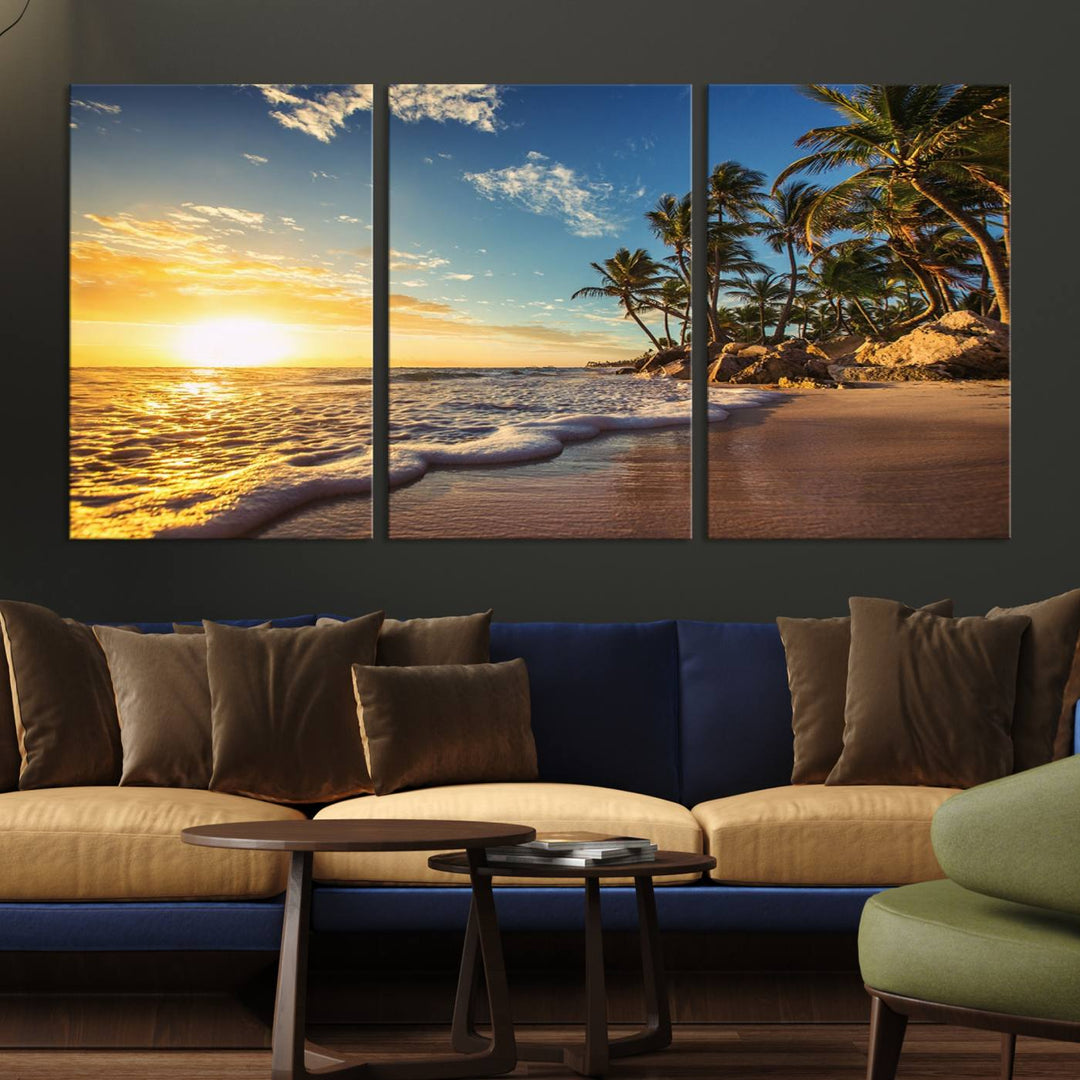 The wall features a Sunset Ocean View Beach Canvas Print, showcasing museum-quality craftsmanship by professional artisans.