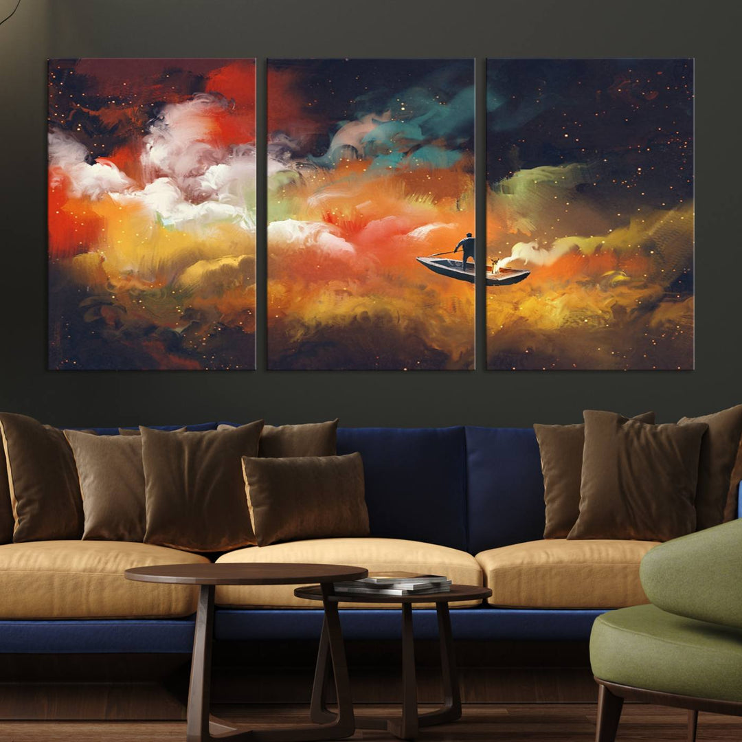 The "Surreal Space Adventure Canvas Wall Art" is a dreamlike abstract galaxy print with an astronaut among clouds, inviting you on a space adventure. This stunning piece comes framed and ready to hang, making it perfect for enhancing living room or bedroom decor.