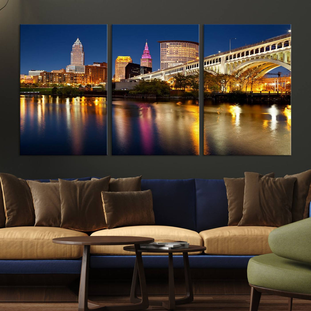 The "Cleveland Night Skyline Wall Art City Cityscape Canvas Print" is a striking feature in the room, showcasing a city skyline with a bridge reflecting in a river. Displayed on museum-quality canvas, it offers enduring beauty.