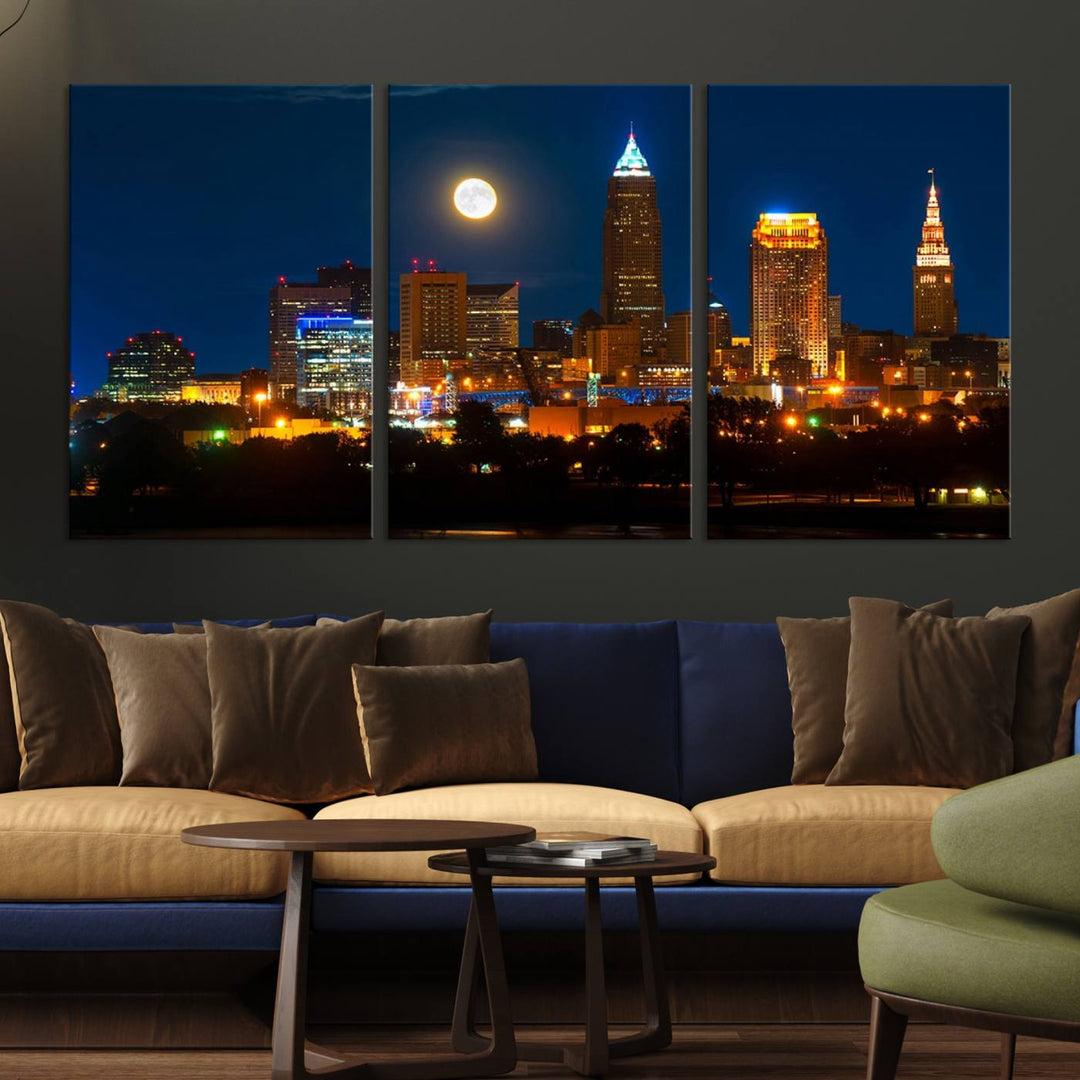 The "Cleveland Night Skyline Wall Art City Cityscape Canvas Print" adds elegance to the room with its depiction of a city skyline and full moon on museum-quality canvas. The artwork is enhanced by a UV-protective coating to ensure lasting brilliance.