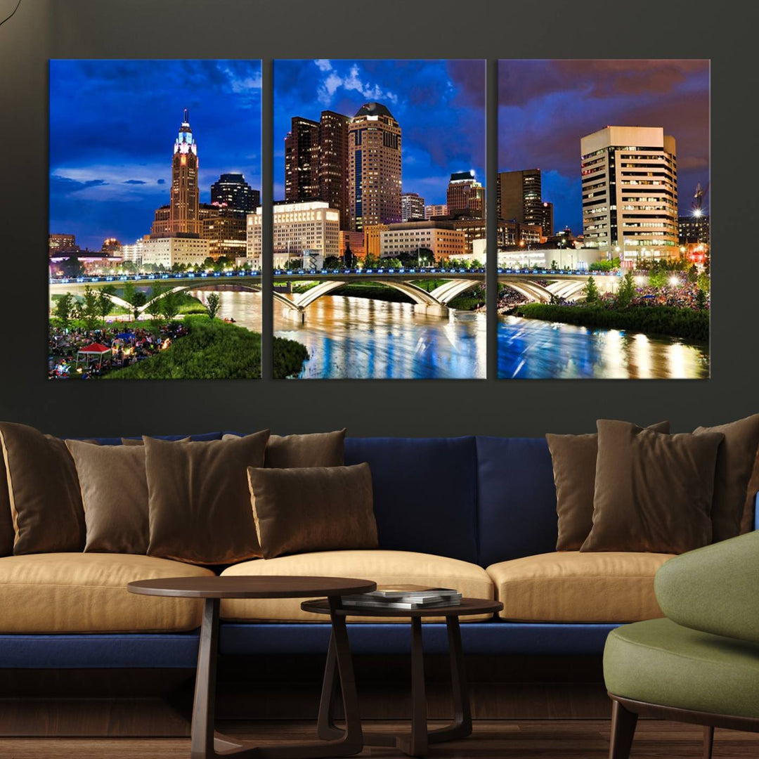 The Columbus City Lights Night Bright Blue Cloudy Skyline Cityscape View Wall Art Canvas Print, crafted on museum-quality canvas and finished with a UV-protective coating, adorns the wall.