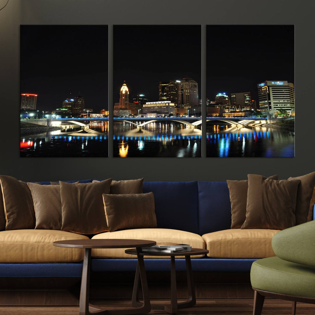 The "Columbus City Lights Night Skyline Cityscape View Wall Art Canvas Print" elegantly decorates the area, presented on museum-quality canvases that feature UV-protective coating to maintain their vibrant appearance.