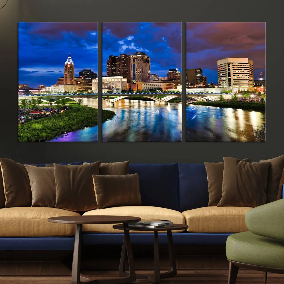 Columbus City Lights Night Bright Blue Cloudy Skyline Cityscape View Wall Art Canvas Print, gallery wrapped on museum-quality canvas, reflecting on a river.