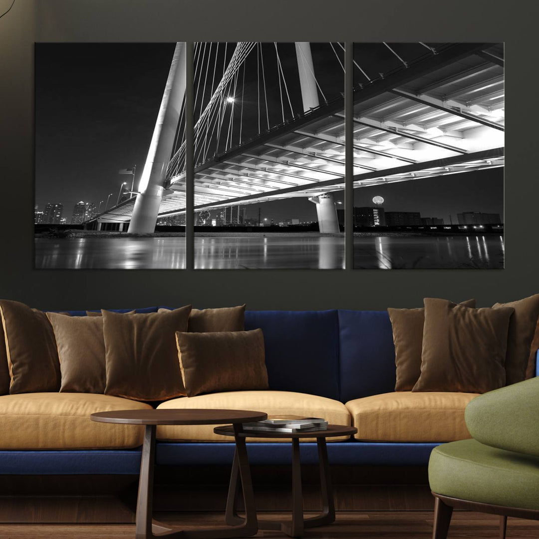 The modern living room features the museum-quality "Dallas City Bridge Lights Skyline Black and White Wall Art Cityscape Canvas Print," elegantly displayed on gallery-wrapped canvas.