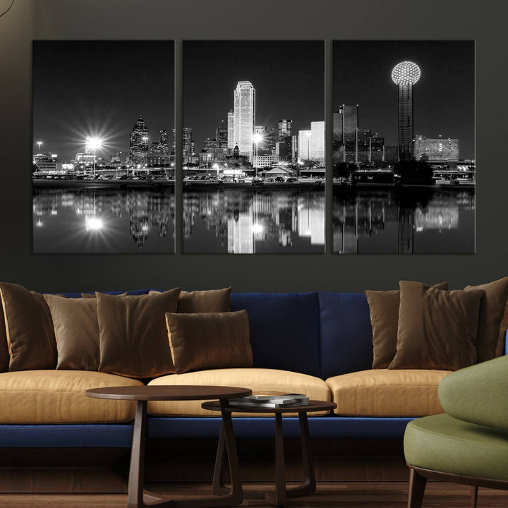 The living room showcases the Dallas City Lights Skyline Black and White Wall Art Cityscape Canvas Print. This museum-quality artwork is ready to hang and features a UV-protective coating to maintain its vibrant colors.