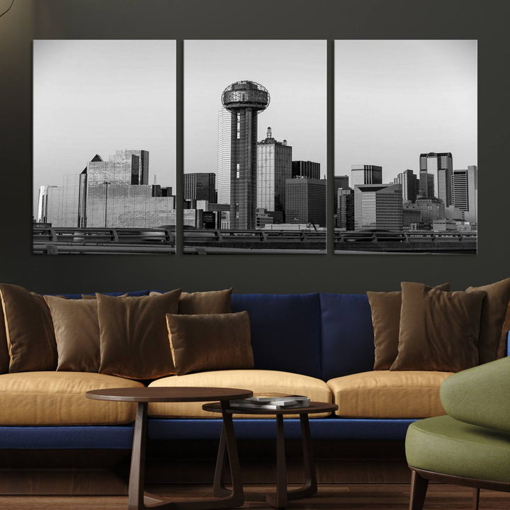 The Dallas City Lights Skyline Black and White Wall Art is elegantly displayed on museum-quality canvas.