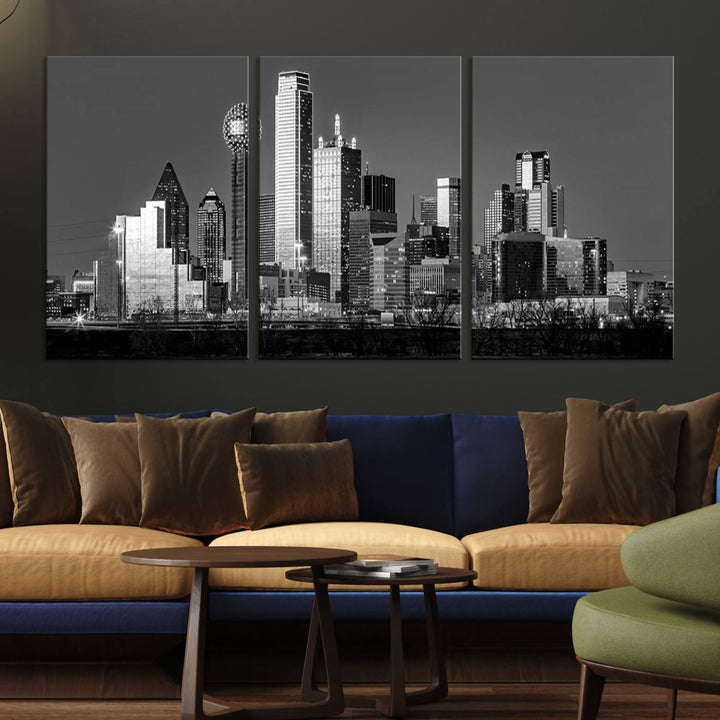 The Dallas City Skyline Black and White Wall Art Cityscape Canvas Print features a gallery-wrapped, museum-quality finish.