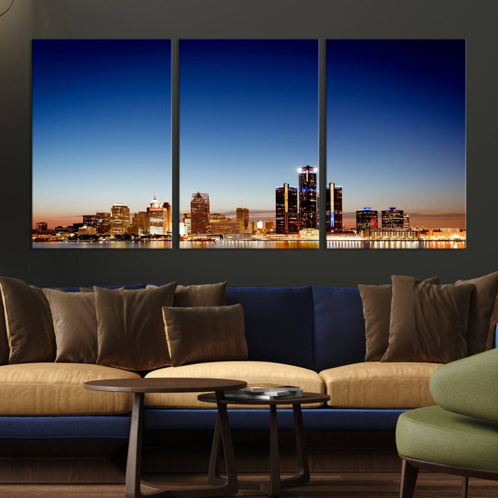 The Detroit City Lights Sunrise Skyline Cityscape View Wall Art Canvas Print adorns the modern living room. Crafted on museum-quality canvas with a UV-protective coating, this piece is ready to hang and elegantly elevates your décor.