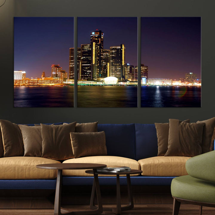 The Detroit City Lights Night Skyline Cityscape View Wall Art Canvas Print, elegantly split into three panels, is made from museum-quality pollycotton and gallery wrapped for a sophisticated touch. It is available with free shipping to effortlessly elevate your space.