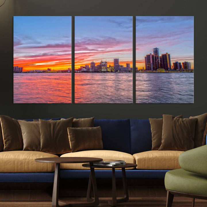 The Detroit City Lights Sunset Colorful Cloudy Skyline Cityscape View Wall Art Canvas Print showcases a vibrant city skyline at sunset over water. The artwork is museum-quality, comes ready to hang, and features a UV-protective coating to preserve its vivid colors.