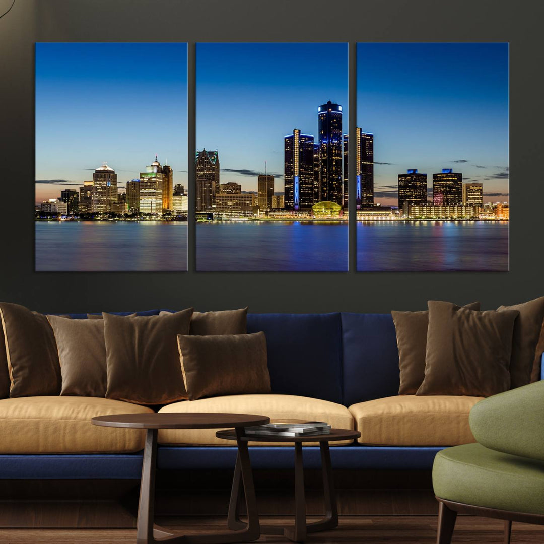 The "Detroit City Lights Sunrise Skyline Cityscape View Wall Art Canvas Print" on the wall is a triptych gallery-wrapped on museum-quality canvas, adding an elegant touch to the space.