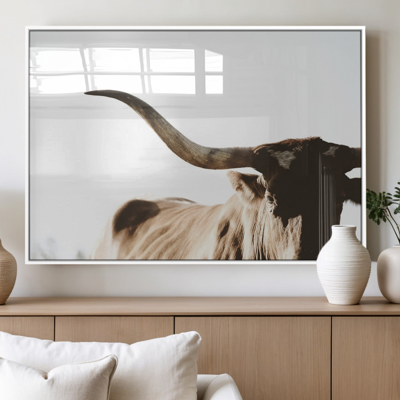 MGV-FP-36X24-3P - Texas Longhorn Wall Art Canvas Print | 3-Panel Large Longhorn Canvas Print for Living Room, Framed