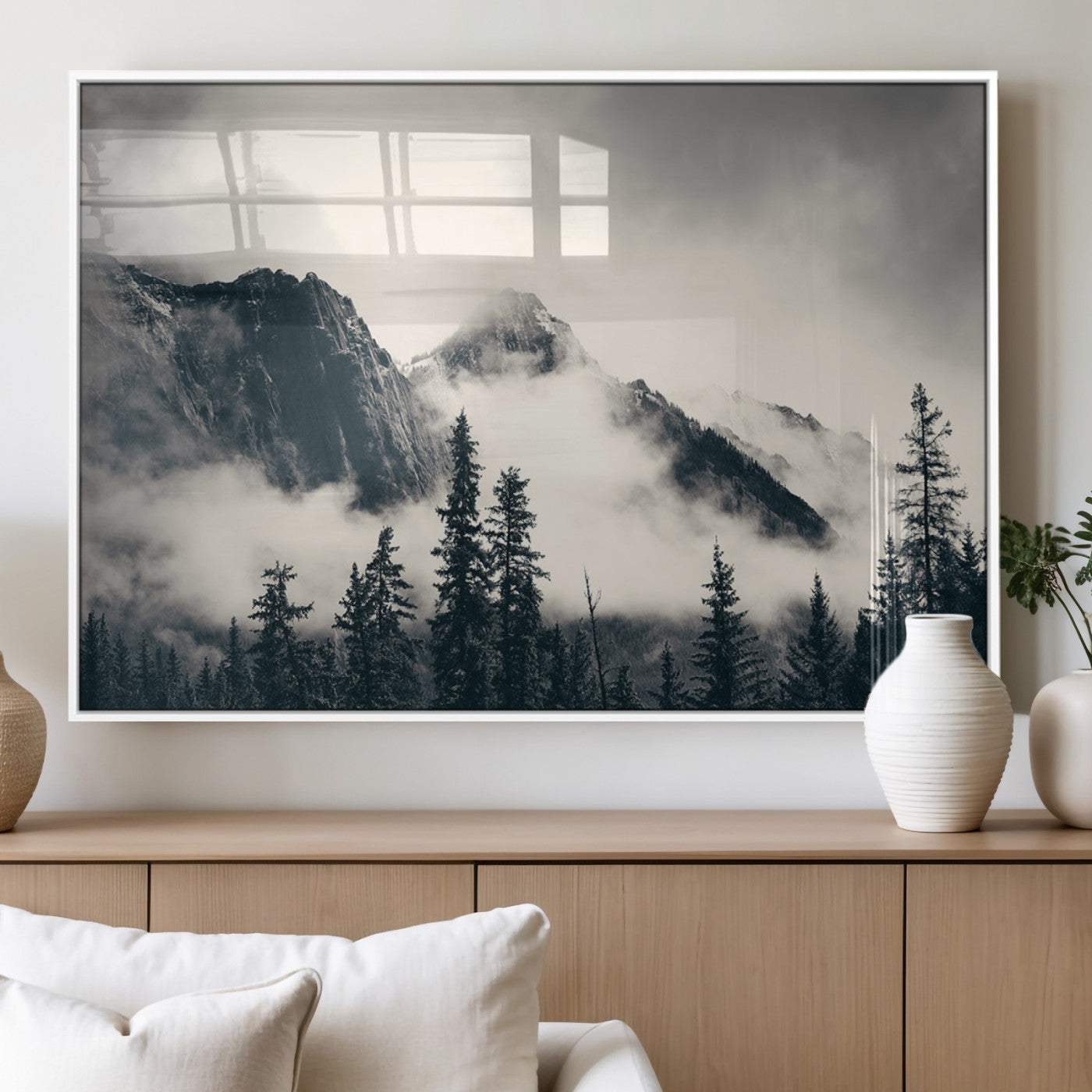 MGV-FP-60X30-3P - Forest Mountain Print - Black and White Canvas Wall Art with Misty Forest Design for Elegant and