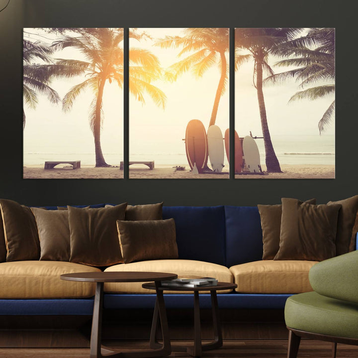 Surfboard and Palm Tree on Beach Double Exposure with Colorful Bokeh Sunset Light Wall Art Canvas