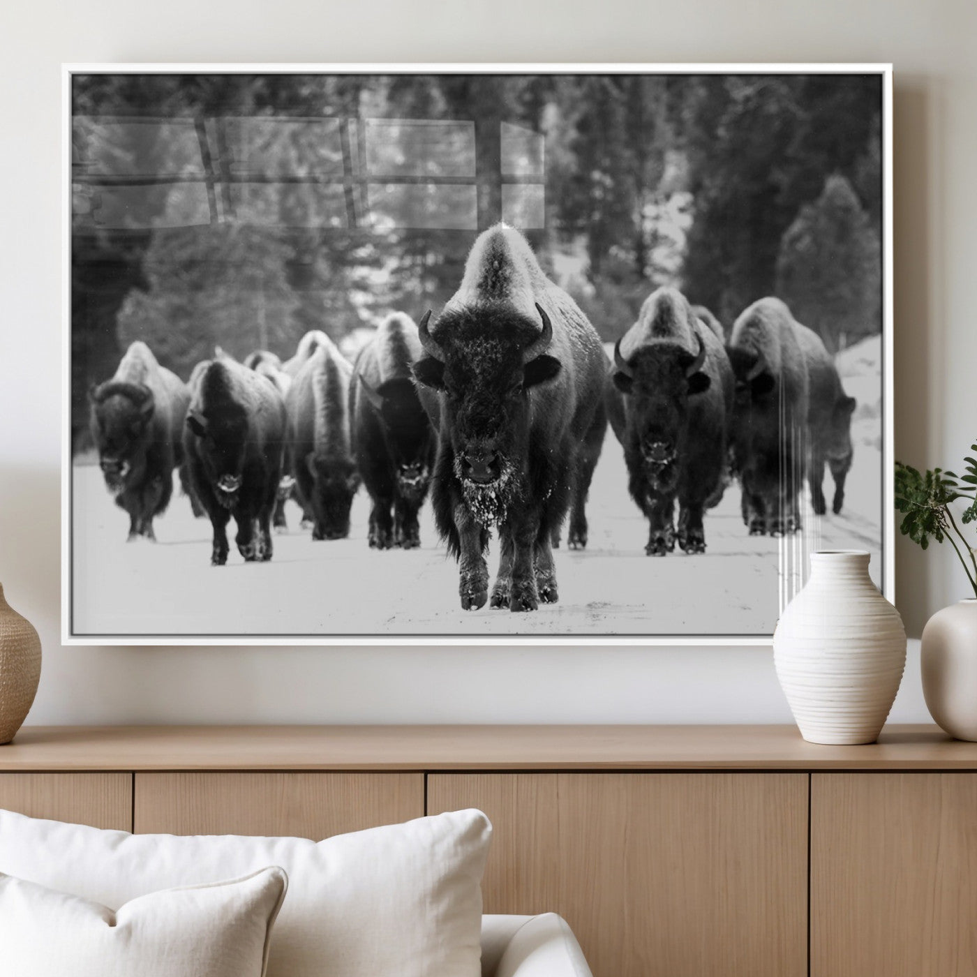 62434-MGV-FP-60X30-3P_White-Bison Herd in Snow Wall Art Canvas Print | Rustic Western Bison Wall Art for Decor for Living Room,