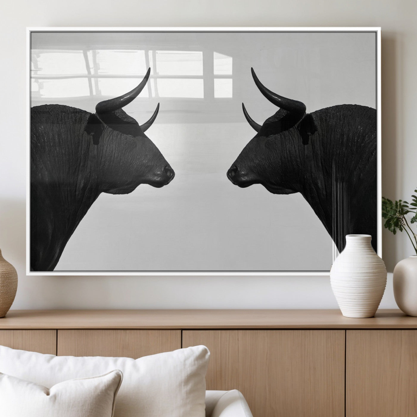 16038-MGV-FP-36X24-3P_White-Spanish Bull Art - Framed Black and White Bull Canvas Print for Modern Rustic Home or Office Decor
