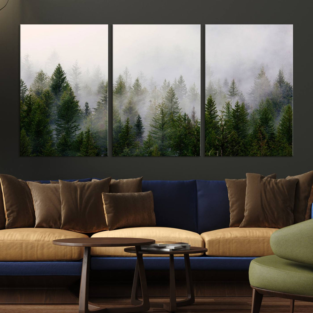 A 3-panel Misty Pine Forest Wall Art Canvas Print, featuring a green woodland scene, adorns the wall.