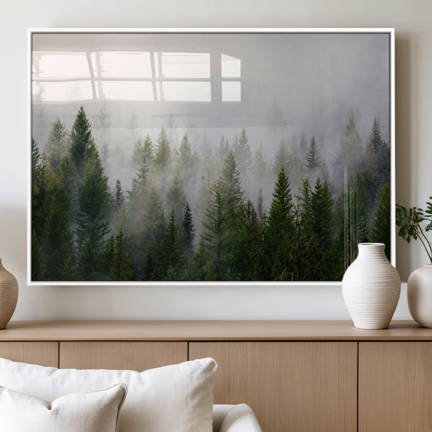 MGV-FP-36X24-3P - Misty Pine Forest Wall Art Canvas Print | 3 Panel Green Woodland Canvas Print for Living Room,