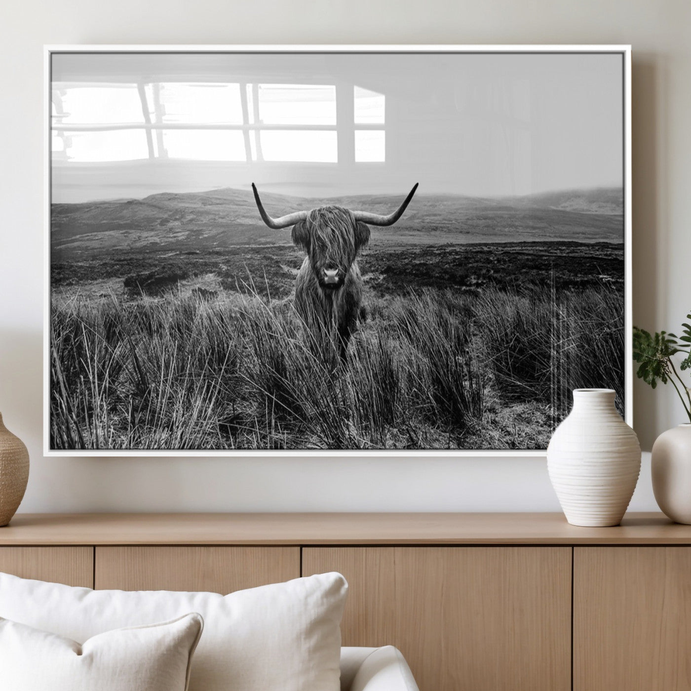 MGV-FP-36X24-3P - Black and White Highland Cow Canvas Wall Art, Longhorn Triptych Western Wall Decor for Cabin -