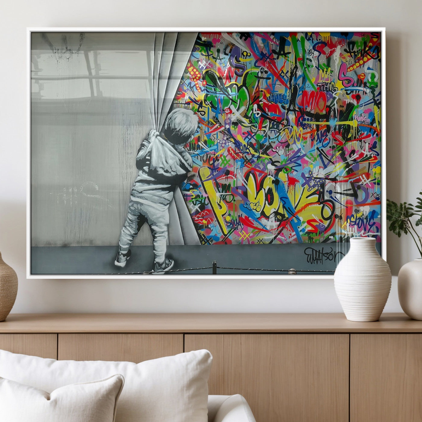 MGV-FP-36X24-3P - Banksy Colorful Street Graffiti Canvas Wall Art Print, Modern Art Triptych, Child and Graffiti Wall,