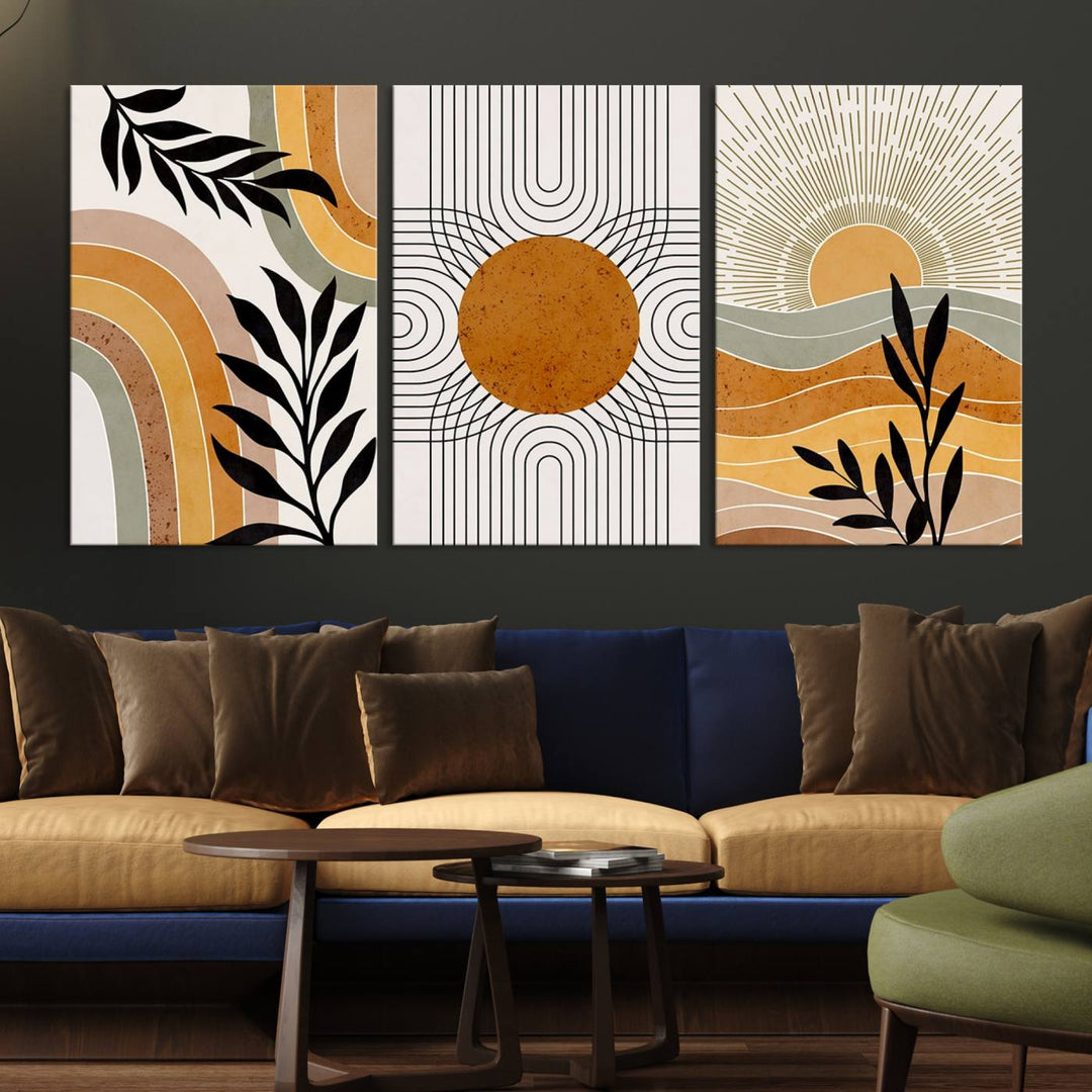 Modern Boho Sun and Leaf Abstract Art – 3-Panel Giclée Canvas for Mid-Century Modern or Bohemian Wall Decor