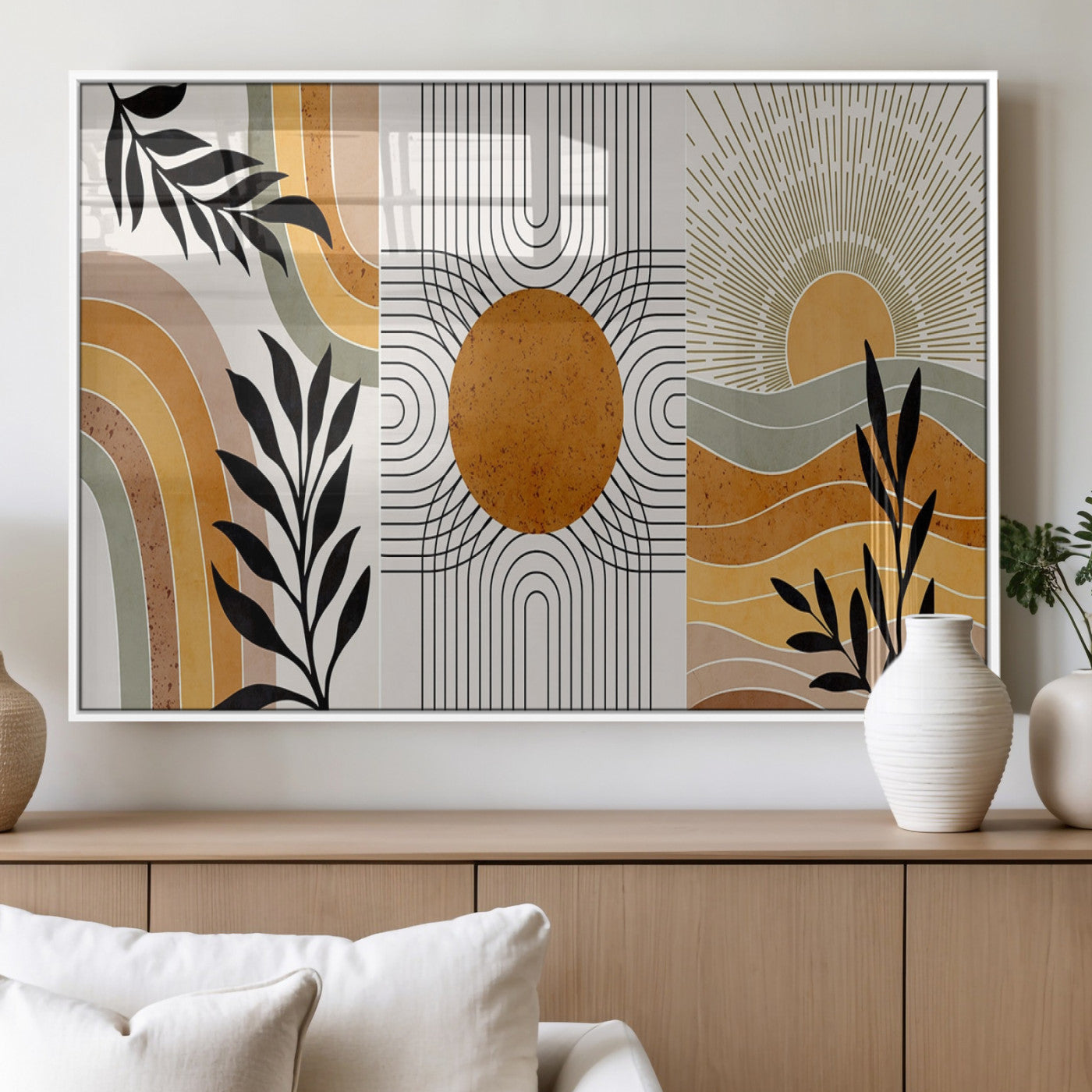 MGV-FP-36X24-3P - Modern Boho Sun and Leaf Abstract Art – 3-Panel Giclée Canvas for Mid-Century Modern or Bohemian