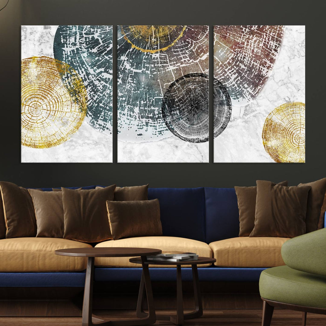 Contemporary living room showcasing the "Wood Lines" 3 Panel Abstract Wall Art Canvas Print displaying museum-quality tree ring art on the wall.