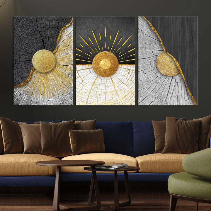 A contemporary living room is enhanced by the Minimal Style 3 Panel Abstract Wall Art Canvas Print in gold and gray. Each panel arrives ready to hang, providing an easy fusion of elegance and modernity.