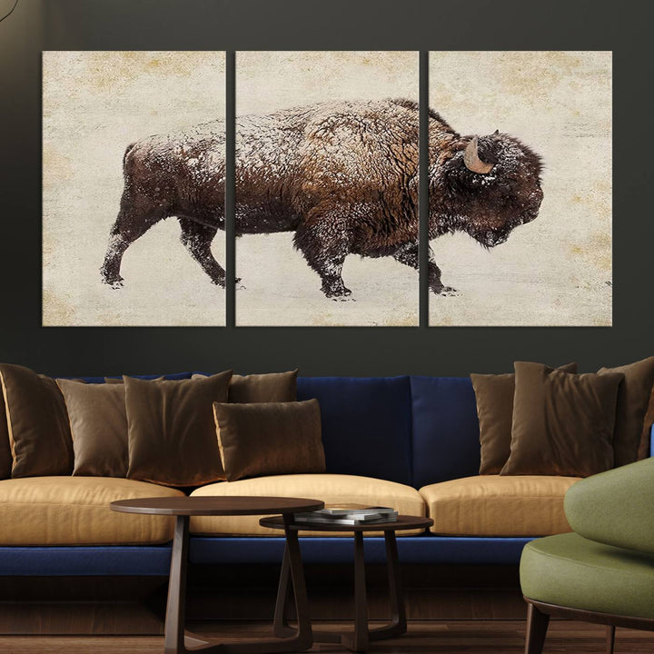 The "Buffalo Wall Art" canvas print, featuring a Western bison, hangs prominently, infusing the space with rustic cowboy and Western decor.