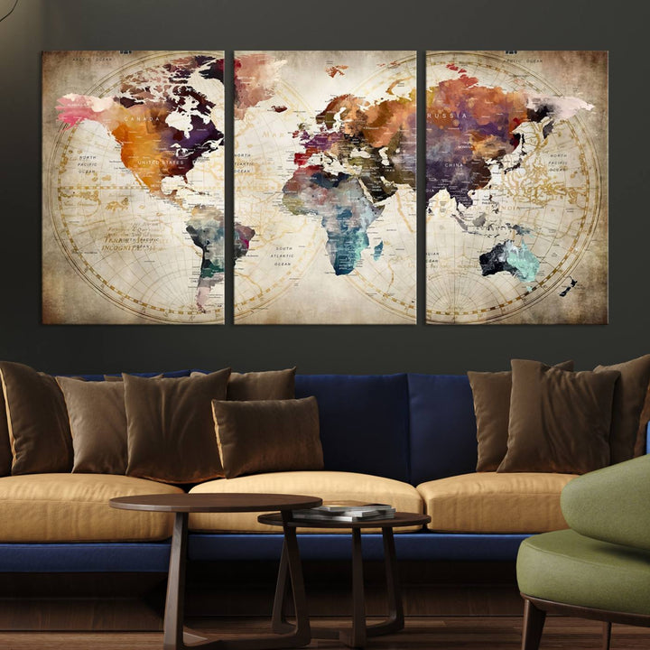 A World Map Wall Art Canvas Print featuring vibrant colors is crafted on museum-quality canvas, adding a touch of elegance to the room.