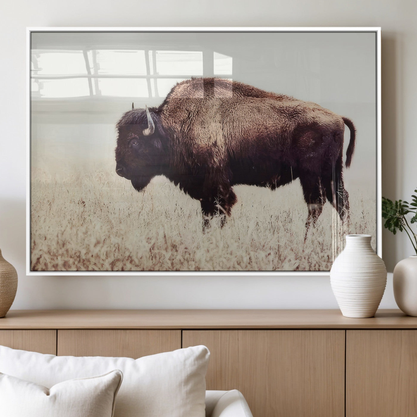 MGV-FP-36X24-3P - Bison in Field Wall Art Canvas Print For Farmhouse Barn Decor