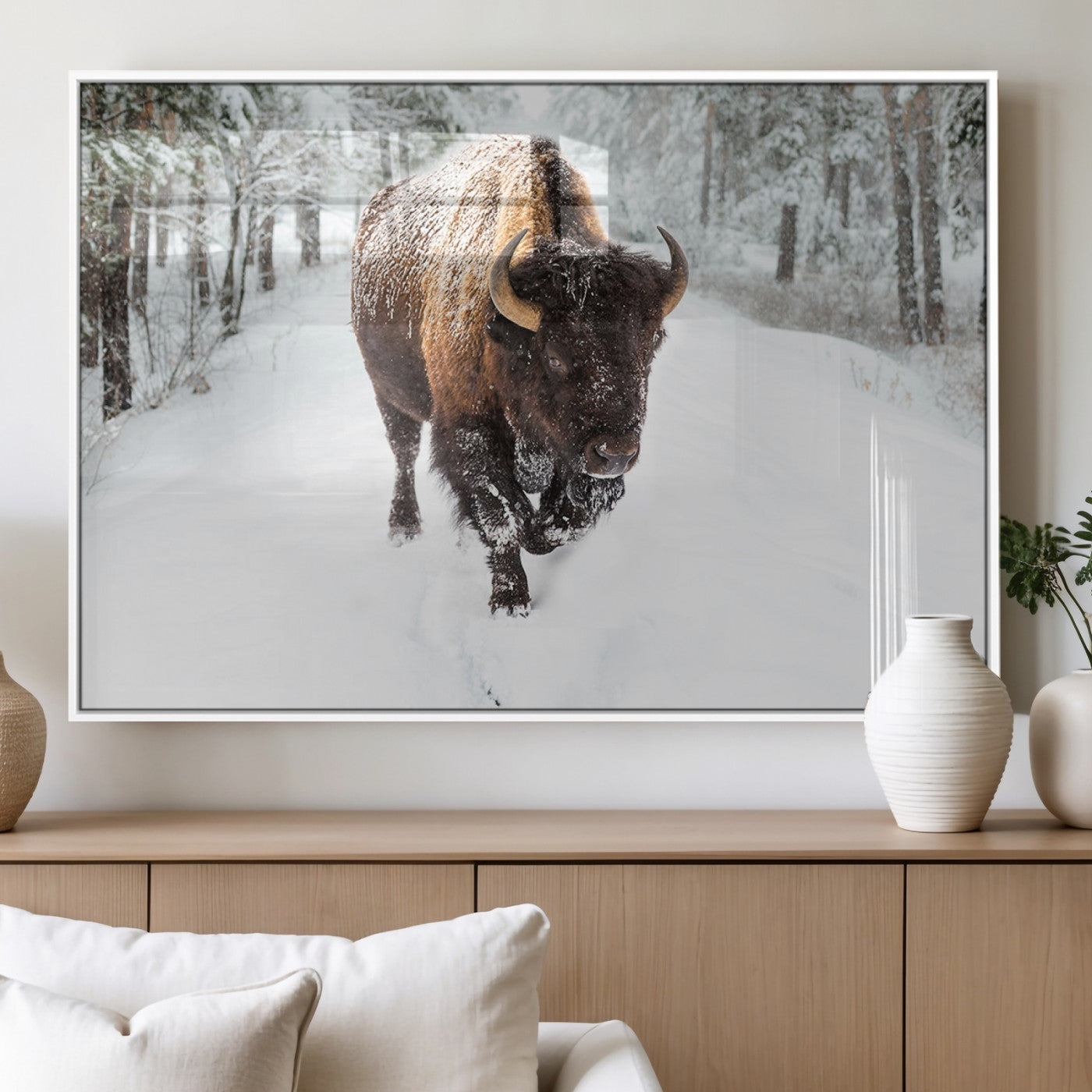 10109-MGV-FP-36X24-3P_White-Bison Wall Art Canvas Print For Farmhouse, Animal Canvas Print, Wild Animal Wall Art