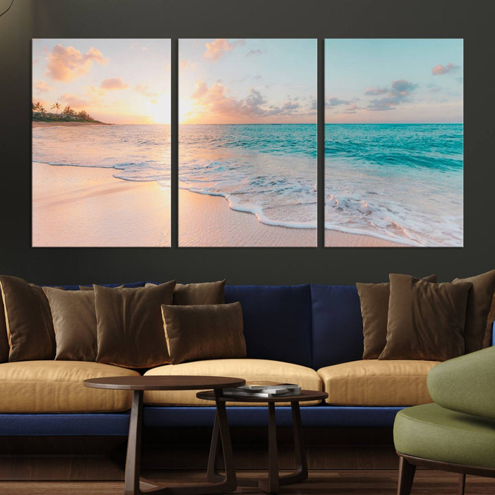 Beach Sunrise Wall Art, Coastal Seascape Canvas Print, Ocean Wave Multi-Panel Giclee, Coastal Sunset Beach Scene for Modern Decor