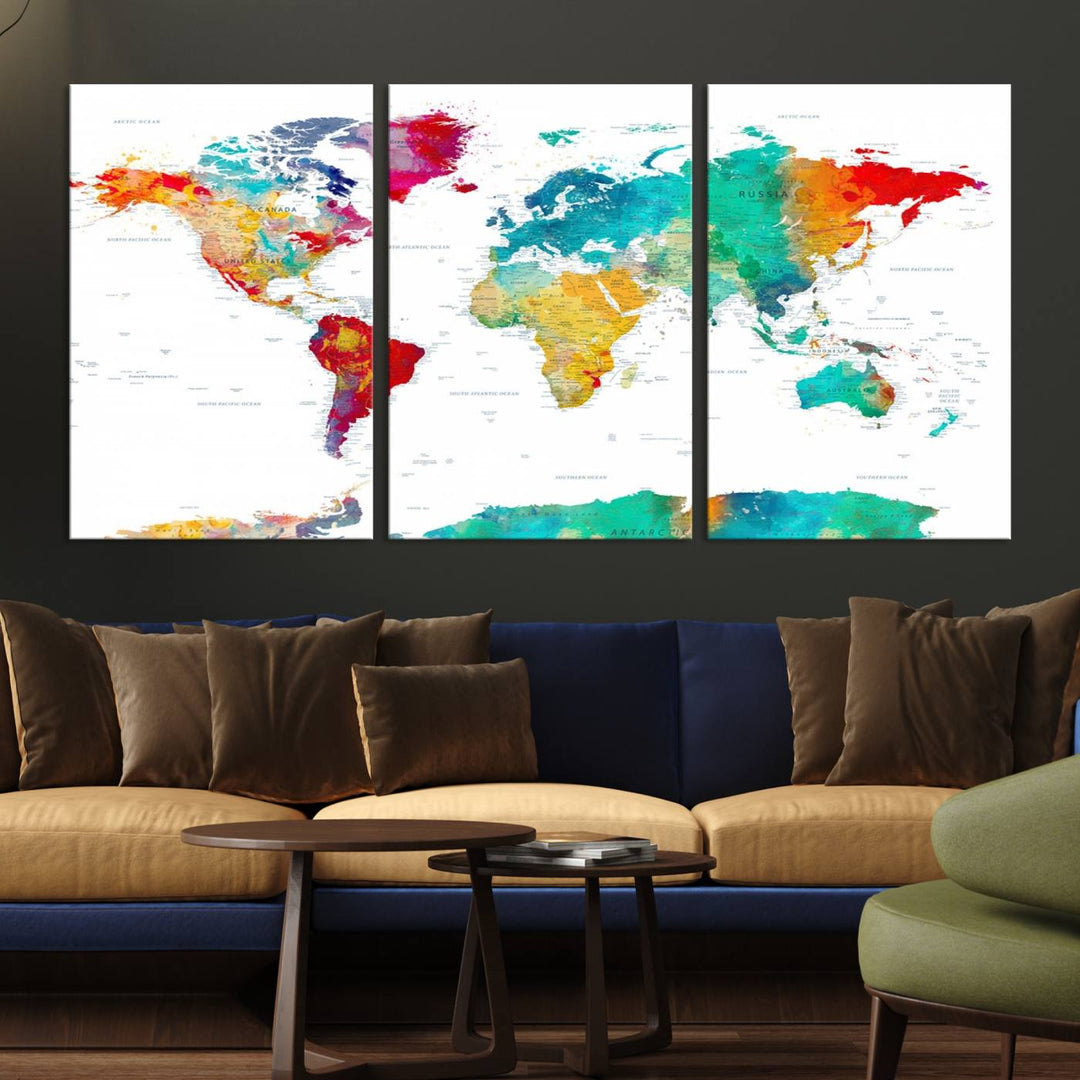 A stunning Colorful World Map Triptych Canvas Print, featuring a ready-to-hang framed design, adds vibrancy and modern flair to the space, effortlessly elevating the entire home décor.