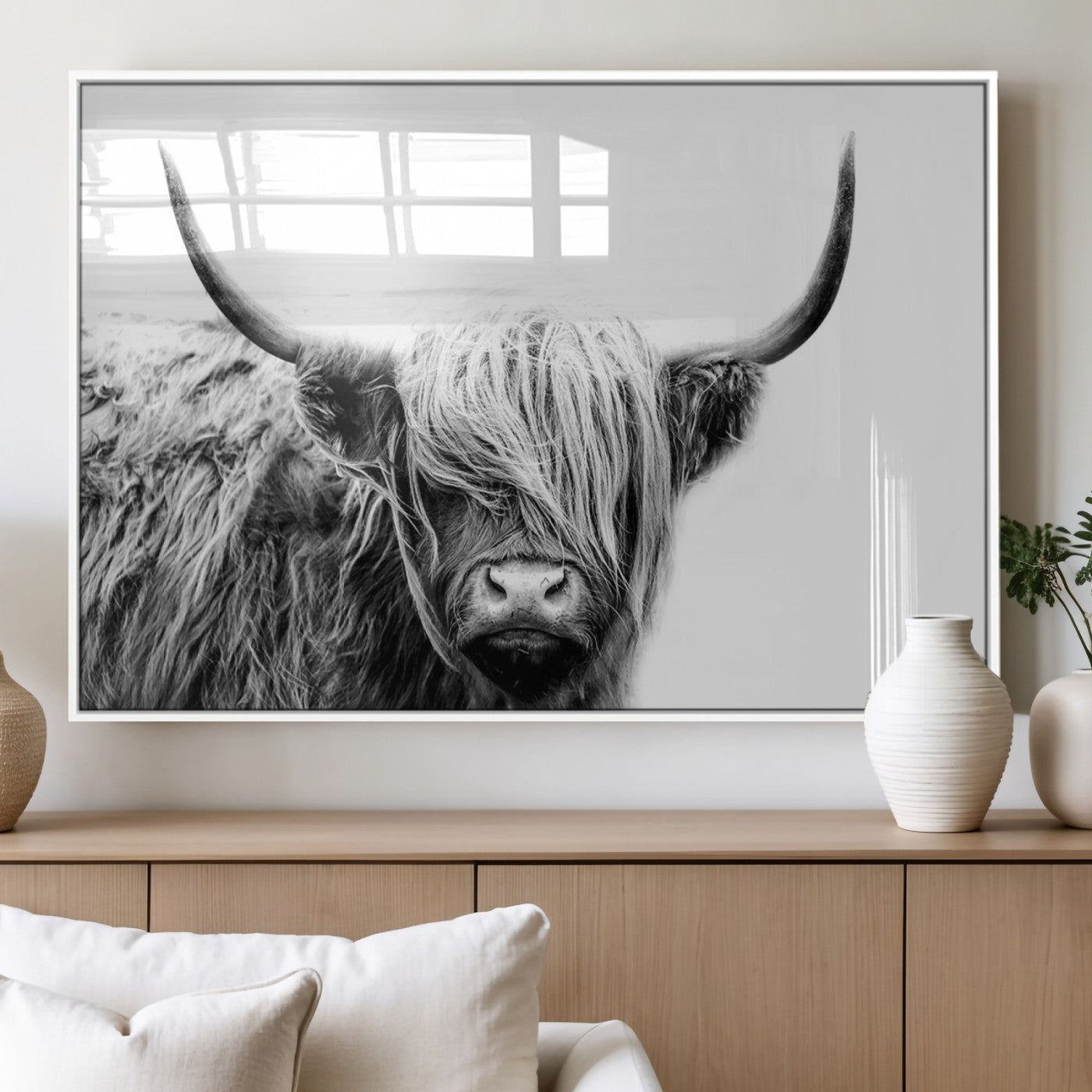 MGV-FP-36X24-3P - Black White Scottish Highland Cow Cattle Art Print Farmhouse Wall Art Canvas Print