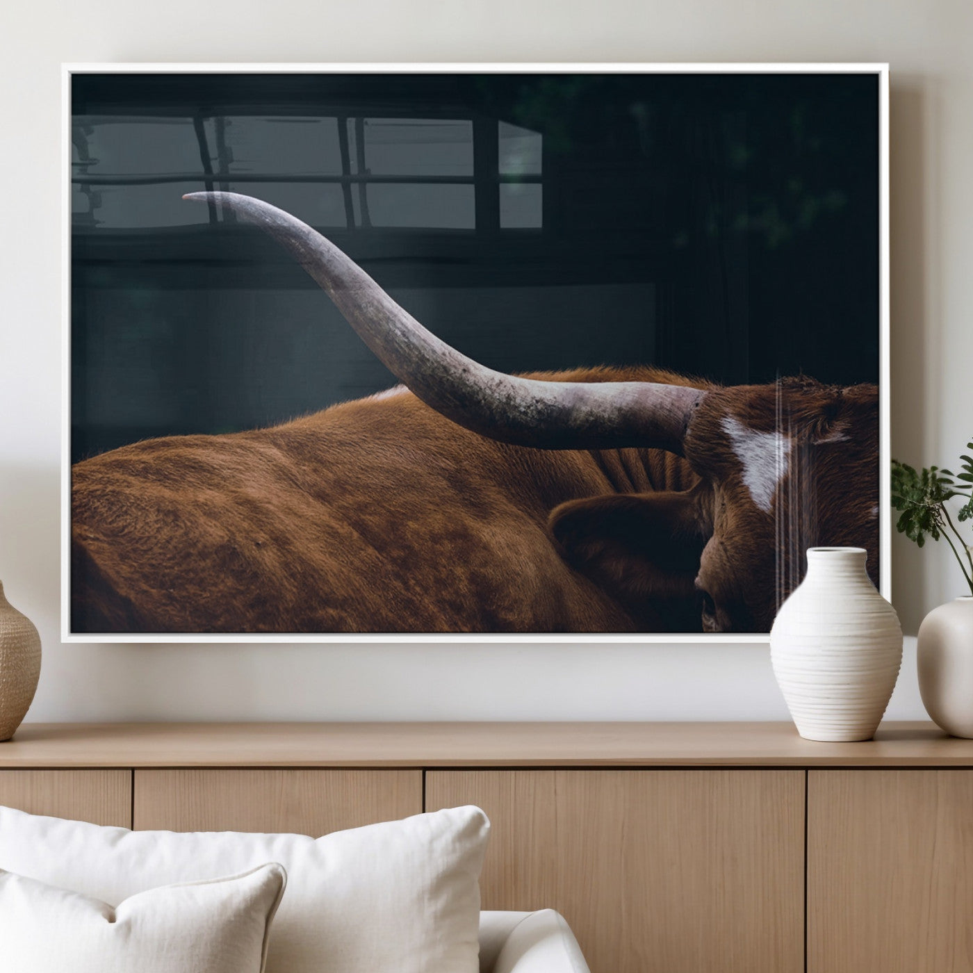 MGV-FP-36X24-3P - Texas Longhorn Bull Wall Art Canvas Print - Large Framed Canvas Wall Art, Farmhouse Cabin Wall