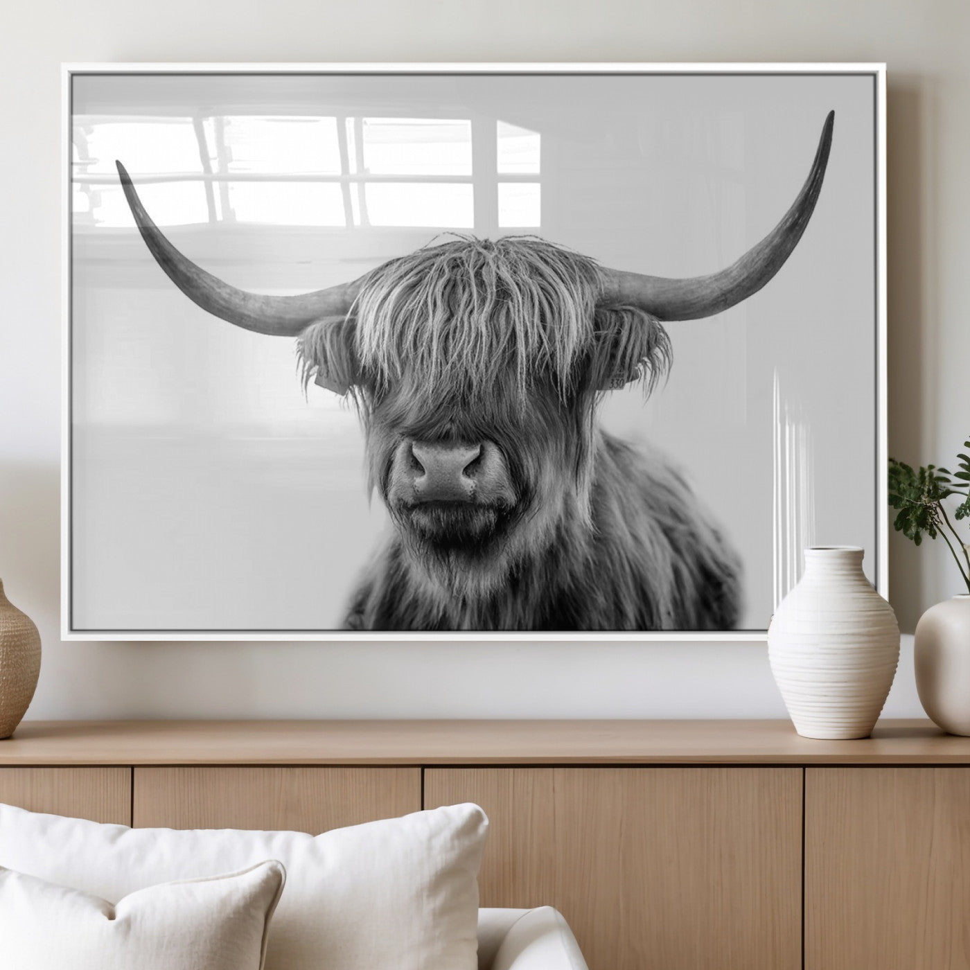 MGV-FP-36X24-3P - Grayscale Scottish Highland Cow Cattle Art Print Farmhouse Wall Art Canvas Print