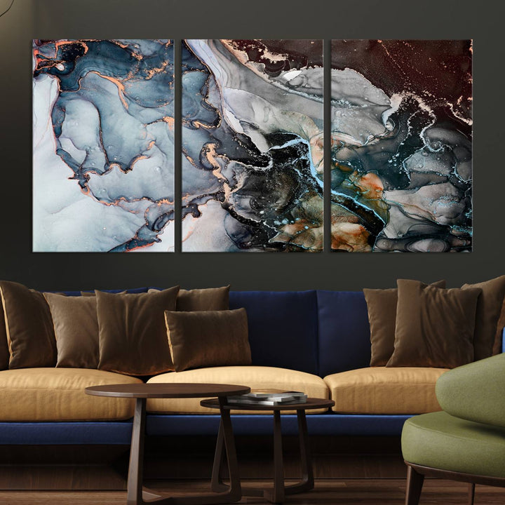 The Mix Color Large Abstract Marble Wall Art Canvas Print is printed on museum-quality canvas. It features a UV-protective coating and is ready to hang, adding elegance to the room.