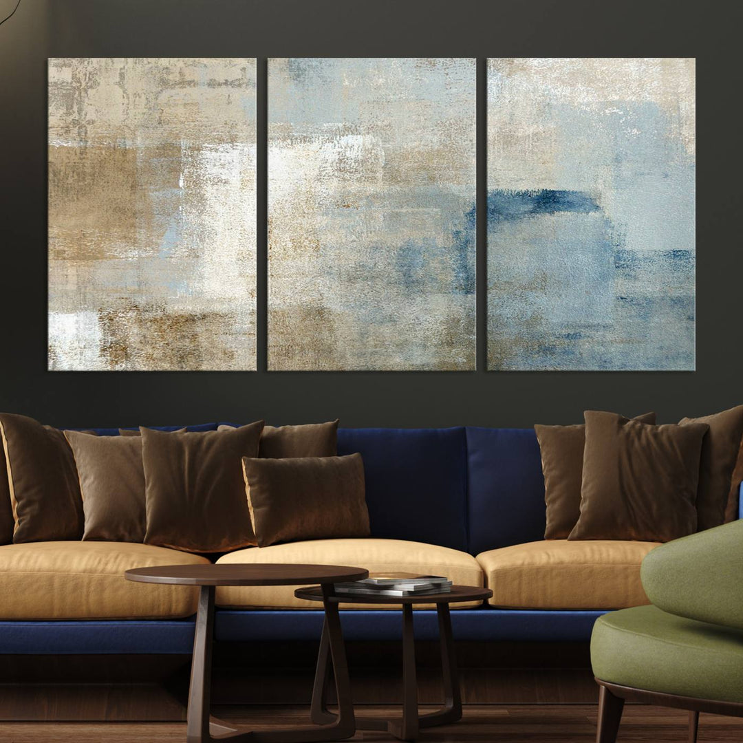 Abstract Blue and Beige Wall Art, Modern Minimalist Canvas Print Set, Giclee Textured Art, Large Multi-Panel Artwork for Living Room