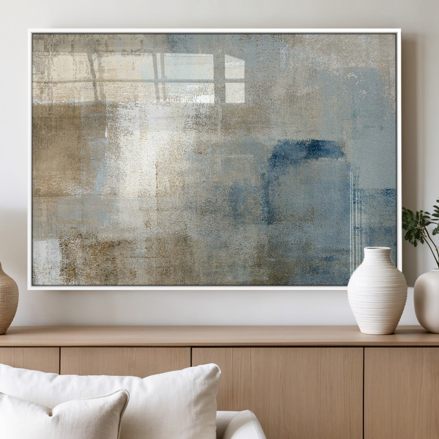 MGV-FP-36X24-3P - Abstract Blue and Beige Wall Art, Modern Minimalist Canvas Print Set, Giclee Textured Art, Large