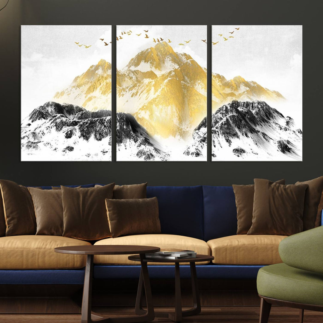 Golden Mountain Triptych Wall Art, Modern Giclee Canvas Print, Nature Landscape Decor for Living Room, Contemporary Gold and Black Wall Art